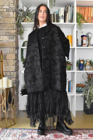Bodi Jacquard Oversized Cocoon Coat Black